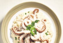 Risotto agli asparagi con polpo e la sua maionese